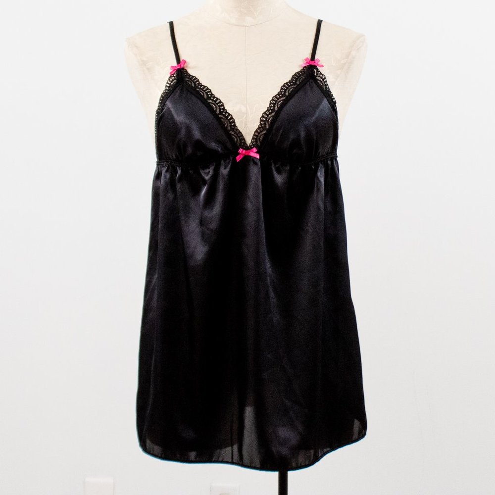 Neiman Marcus M Sexy Satin Chemise Babydoll Black